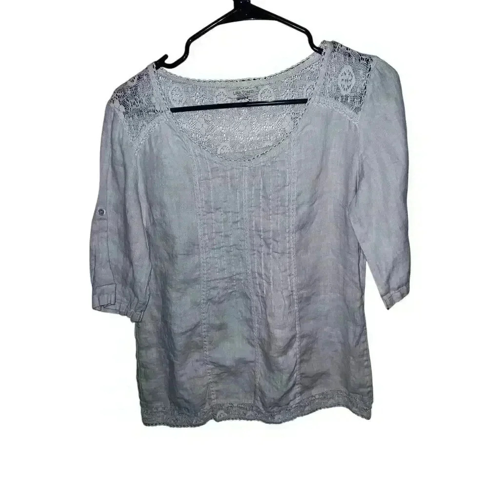 Lina Tomei Blouse tan made in  Italy S Short Sleeves Round Neck Coastal Boho